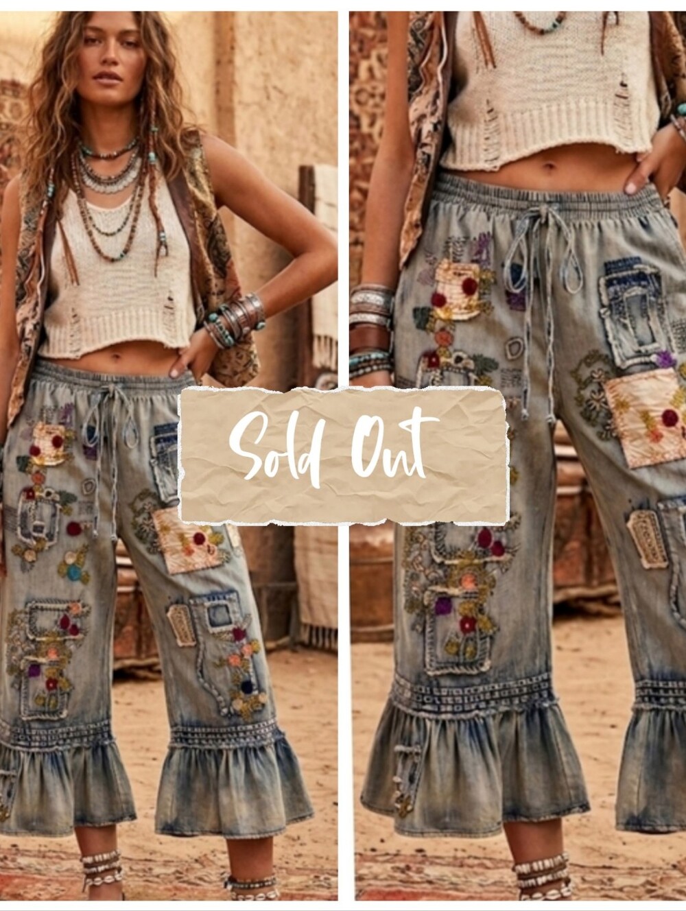Restock Coming Soo❣️ Boho Embroidered Patchwork Vintage Wash Ruffle Hem Bloomers